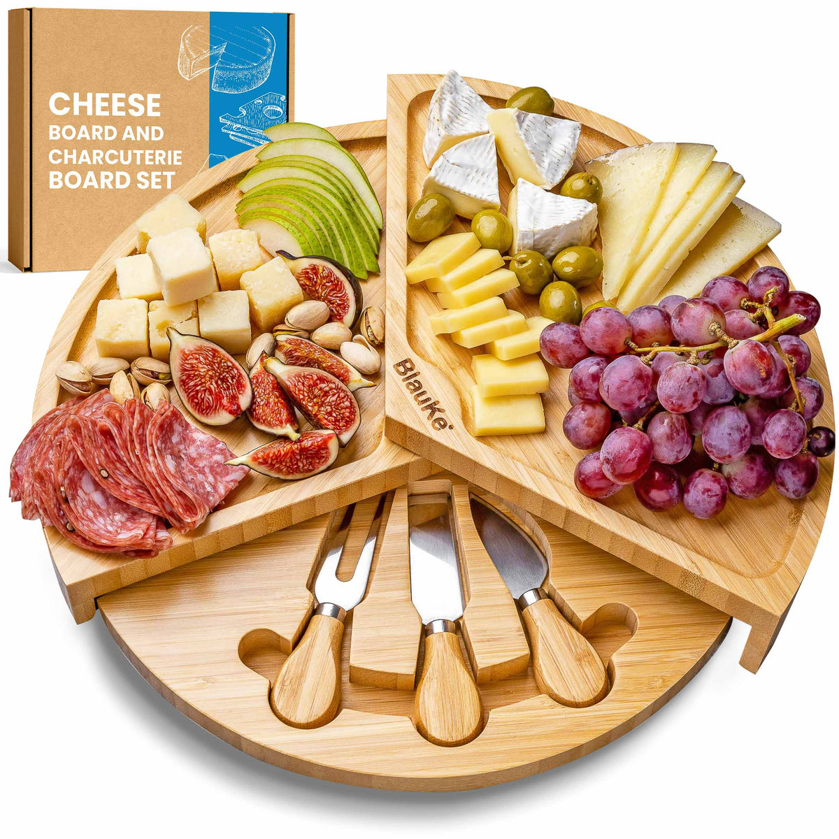 Bamboo Cheese Board and Knife Set – 14 Inch Swiveling Charcuterie Board with Slide – Out Drawer – Cheese Serving Platter