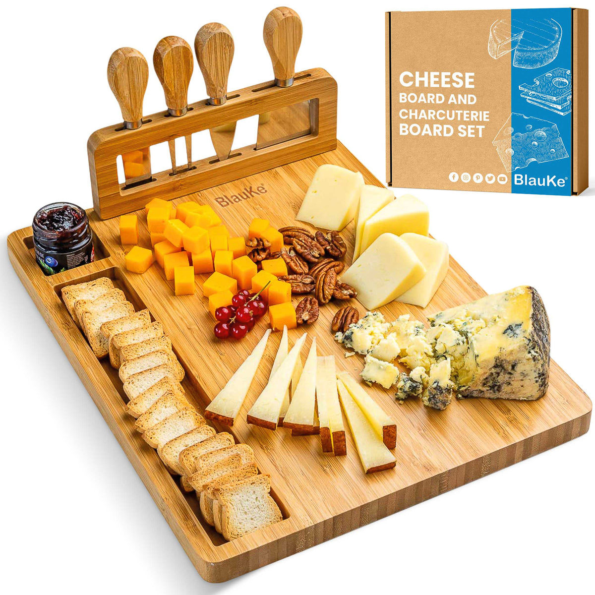 Bamboo Cheese Board and Knife Set – 14x11 inch Charcuterie Board with 4 Cheese Knives – Wood Serving Tray