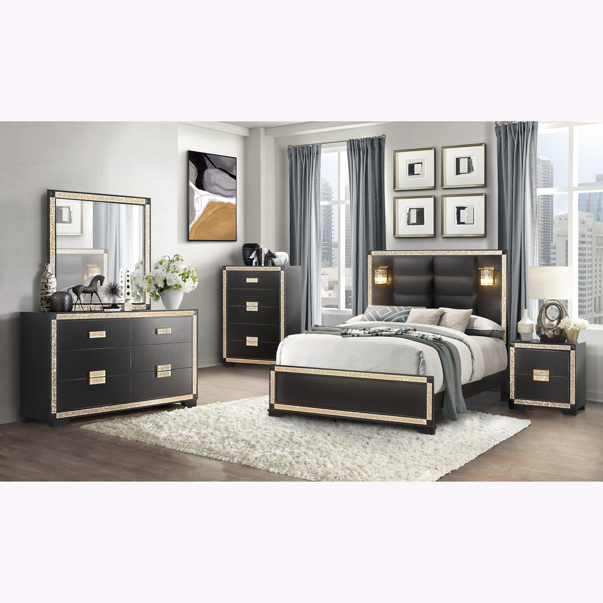 Lively Black/Gold Queen Bedroom Set