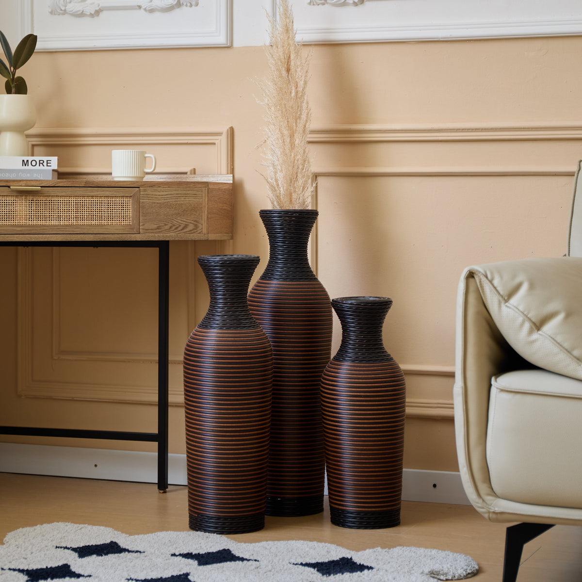 Hand – Woven PVC Rattan Vases, Set of 3