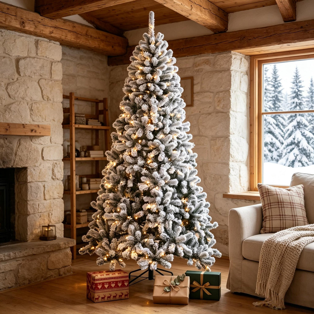 6 ft Pre – Lit Snow – Flocked Northern Pine Artificial Christmas Tree
