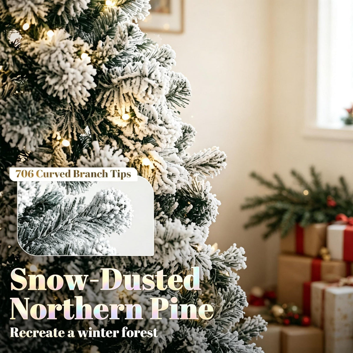 6 ft Pre – Lit Snow – Flocked Northern Pine Artificial Christmas Tree