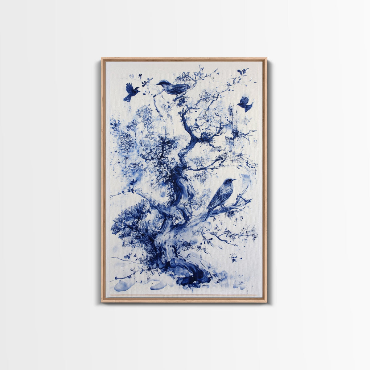Chinoiserie Wall Art Framed Canvas Print, Blue Tree and Birds, Botanical Print, Birdwatcher Gift Idea, Chinoiserie Style