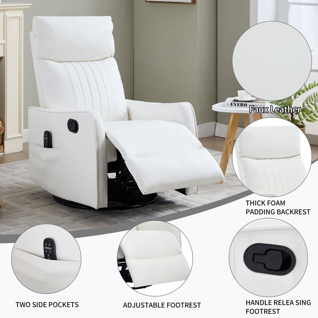 White Heat Massage Manual Recliner Chair with Rocker and Swivel
