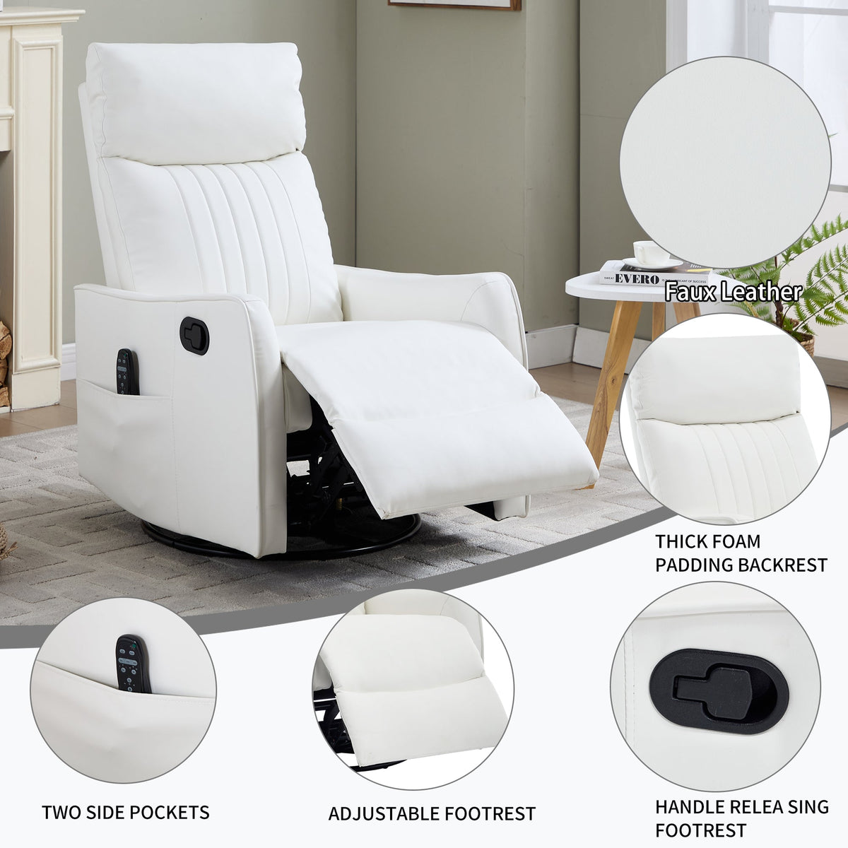 White Heat Massage Manual Recliner Chair with Rocker and Swivel