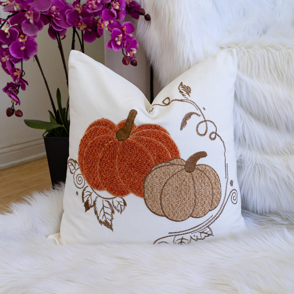 Pumpkin Embroidered Cotton Throw Pillow