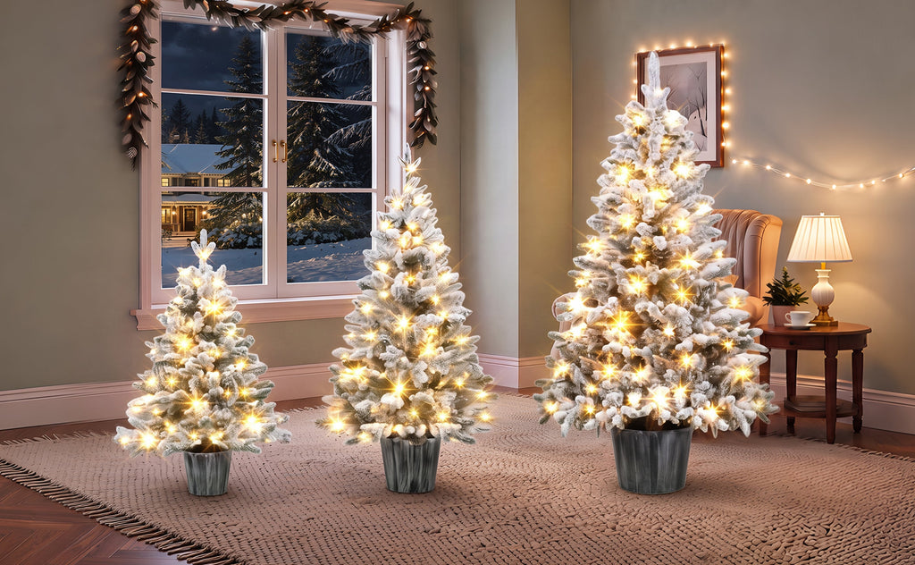 3 – Piece Flocked Pre – Lit Christmas Tree Set