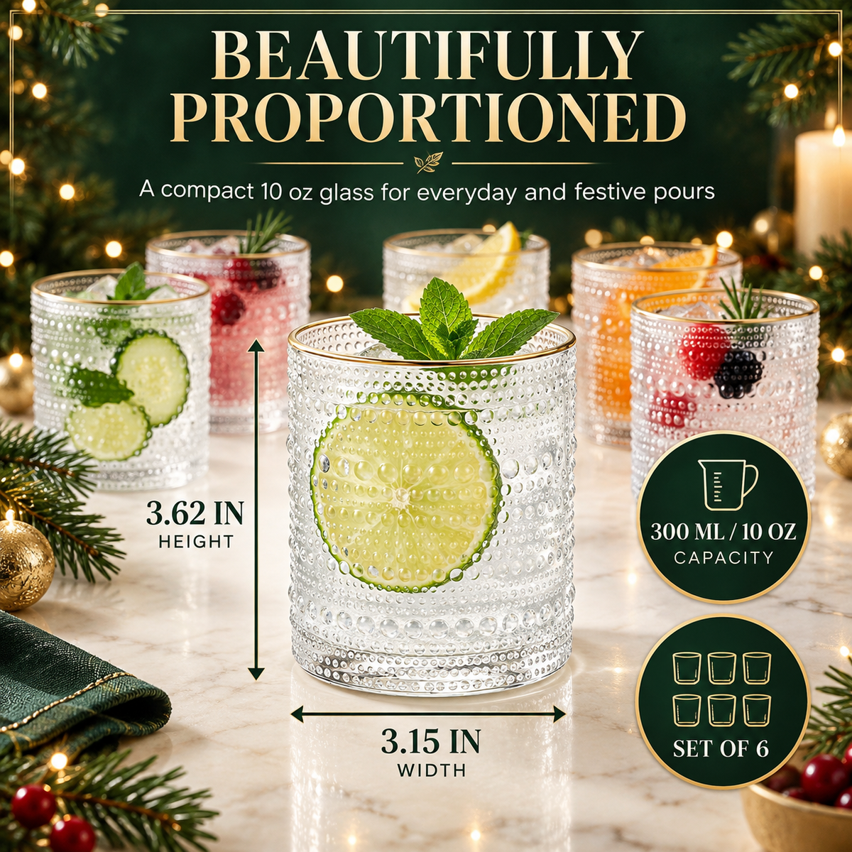 Clear Gold Rim Hobnail Glass Set, 6 Piece 10oz Transparent