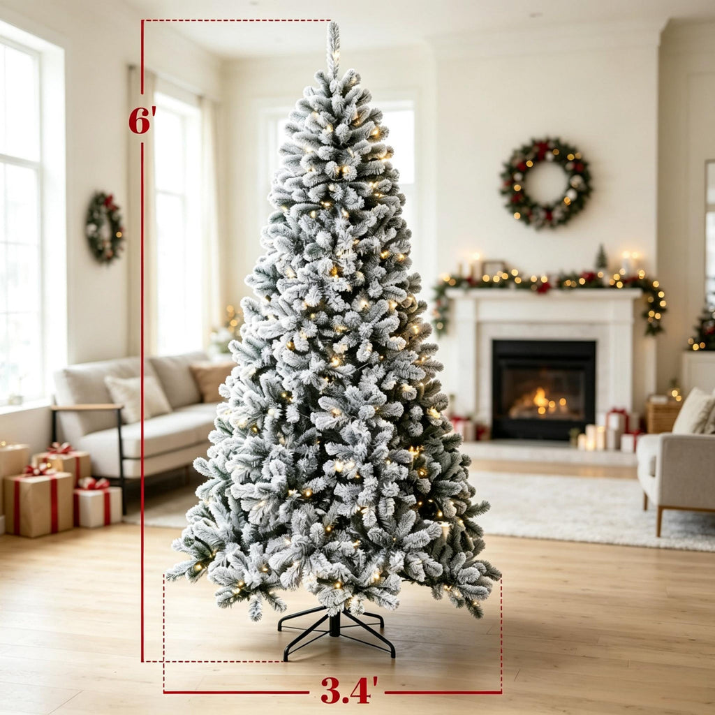 6 ft Pre – Lit Snow – Flocked Northern Pine Artificial Christmas Tree