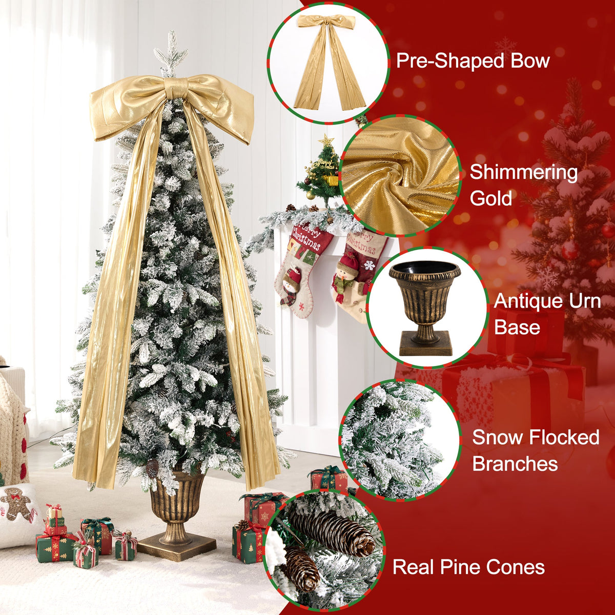 6FT Pre – Lit Flocked Christmas Tree with Real Pine Cones