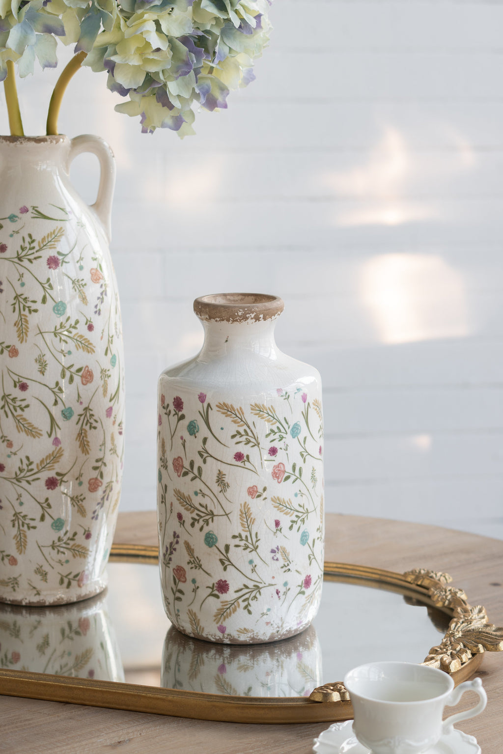 D5.3x10.6" Ceramic Cylinder Vase with Multi – Colored Floral Motifs