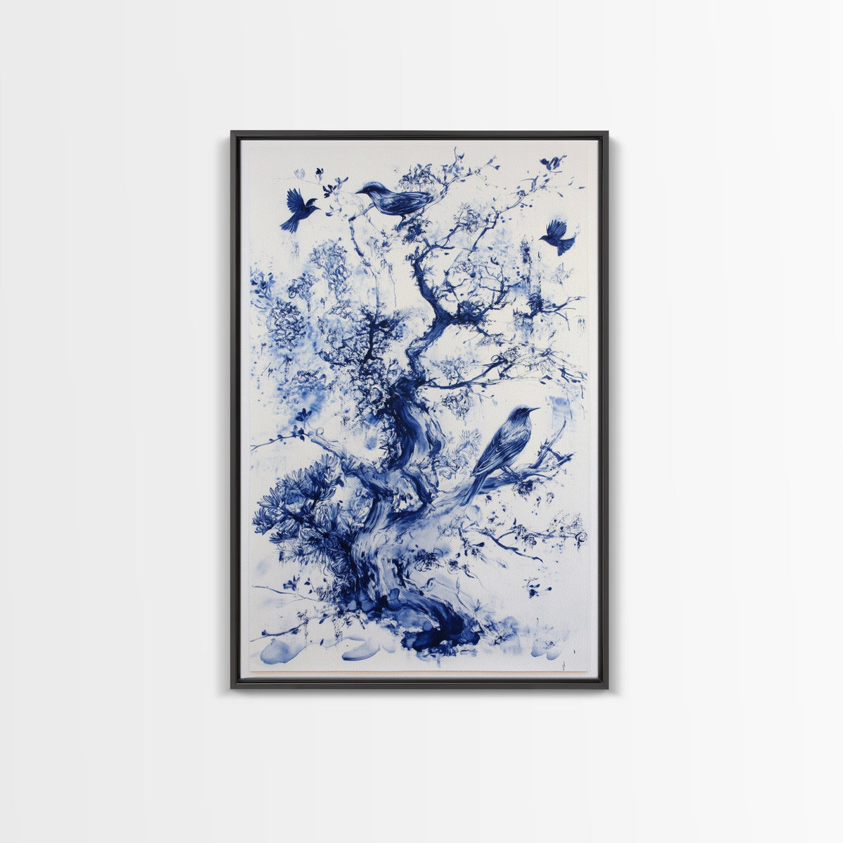 Chinoiserie Wall Art Framed Canvas Print, Blue Tree and Birds, Botanical Print, Birdwatcher Gift Idea, Chinoiserie Style