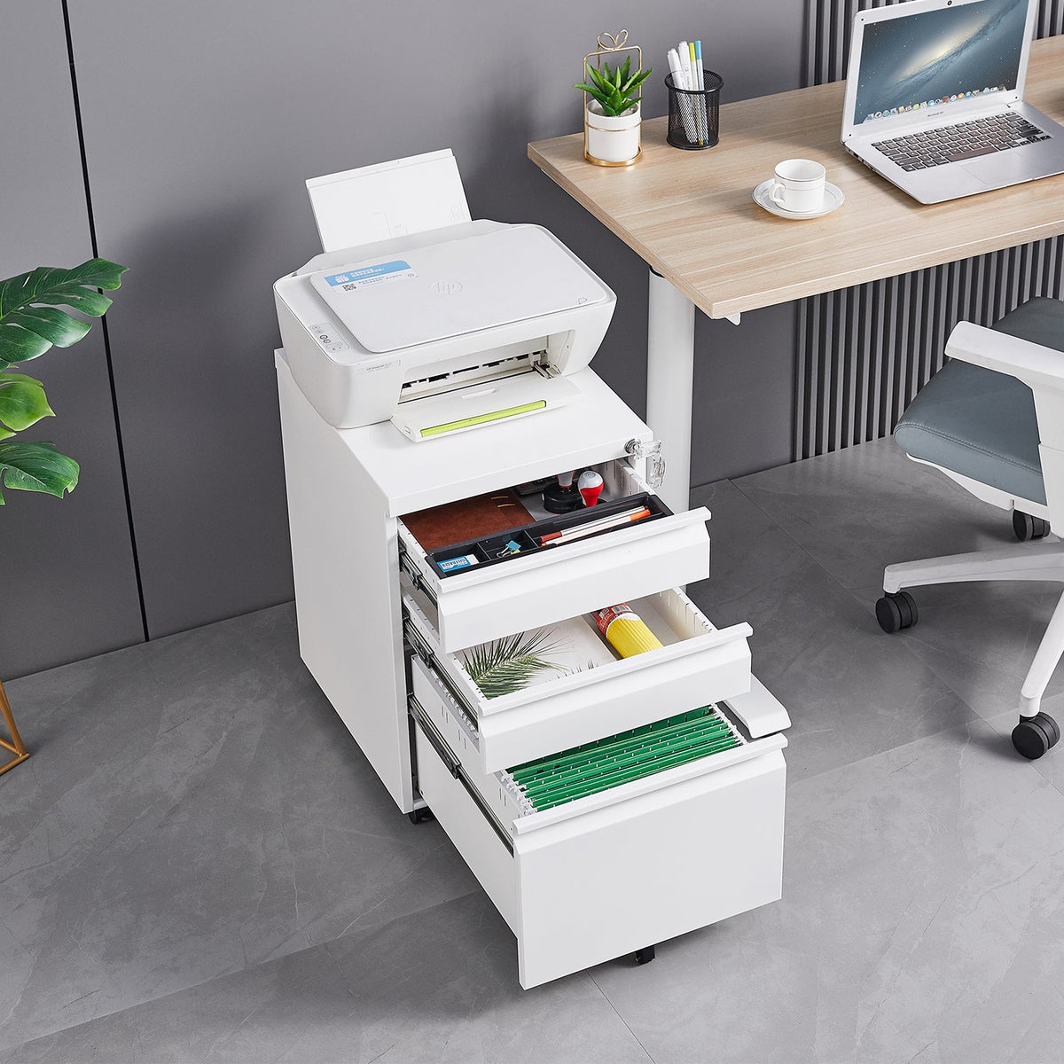 3 – Drawer Mobile Filing Cabinet with Lock in White