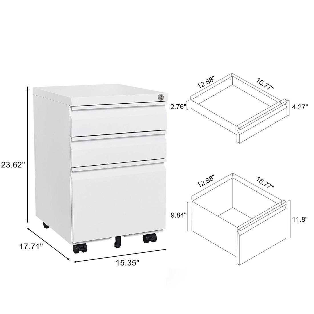 3 – Drawer Mobile Filing Cabinet with Lock in White