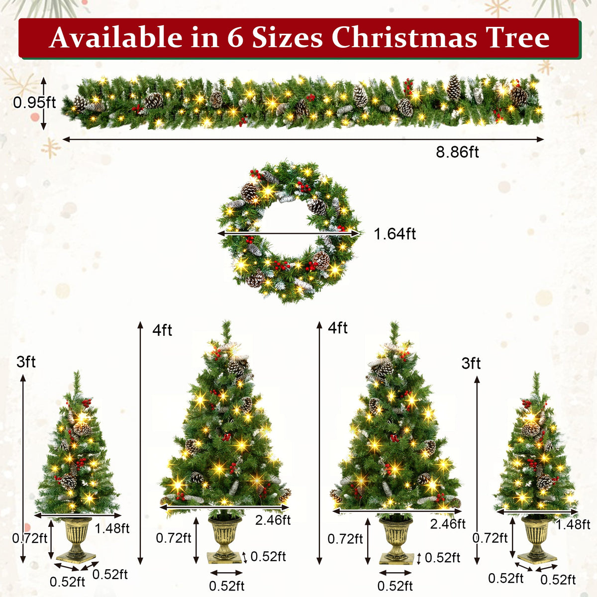 6 – Piece Christmas Tree Set – 4 Trees, Wreath, and Garland