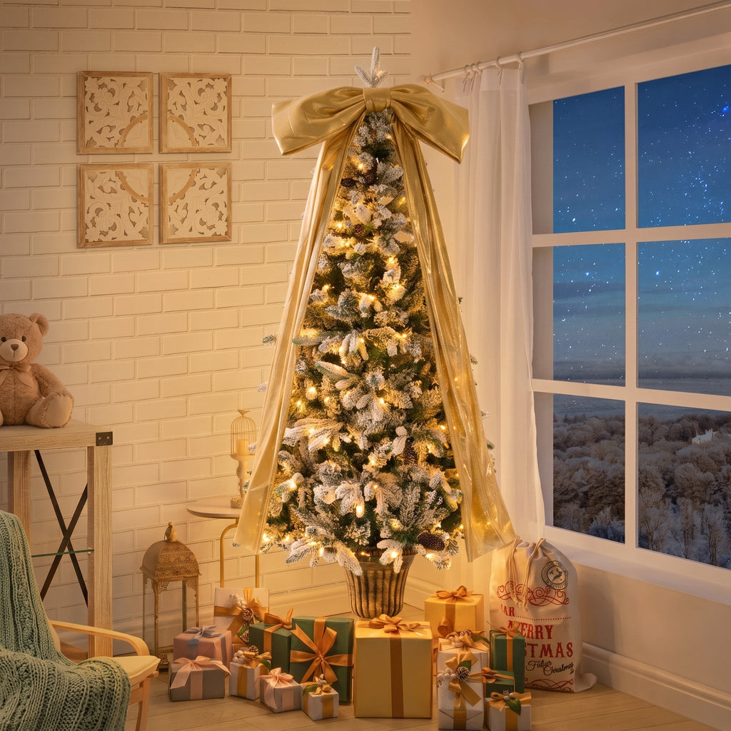 6FT Pre – Lit Flocked Christmas Tree with Real Pine Cones