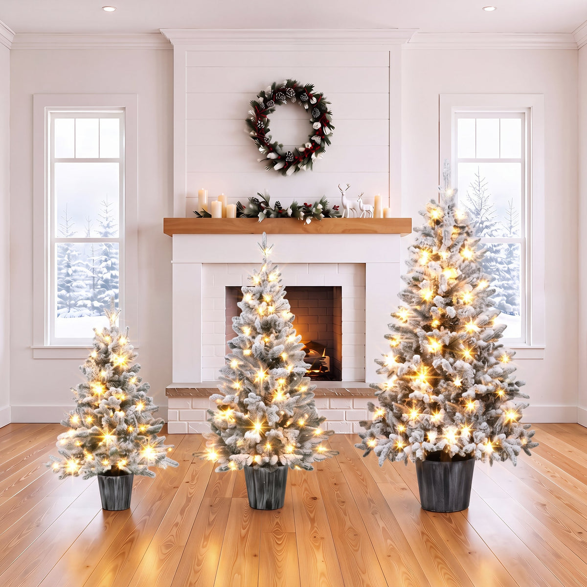3 – Piece Flocked Pre – Lit Christmas Tree Set