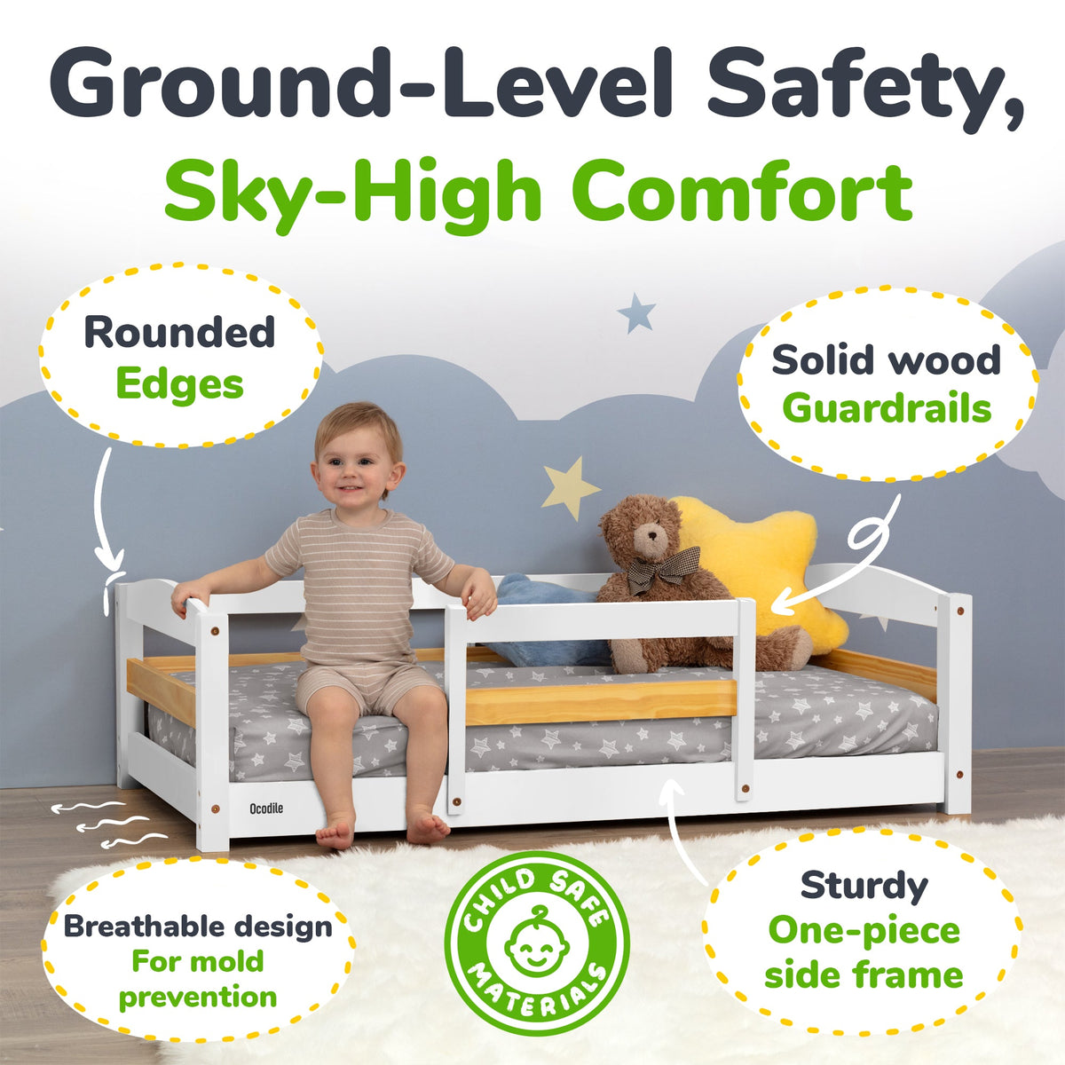 Crib Size Wooden Floor Bed with Safety Rails for Kids Age 1 – 3