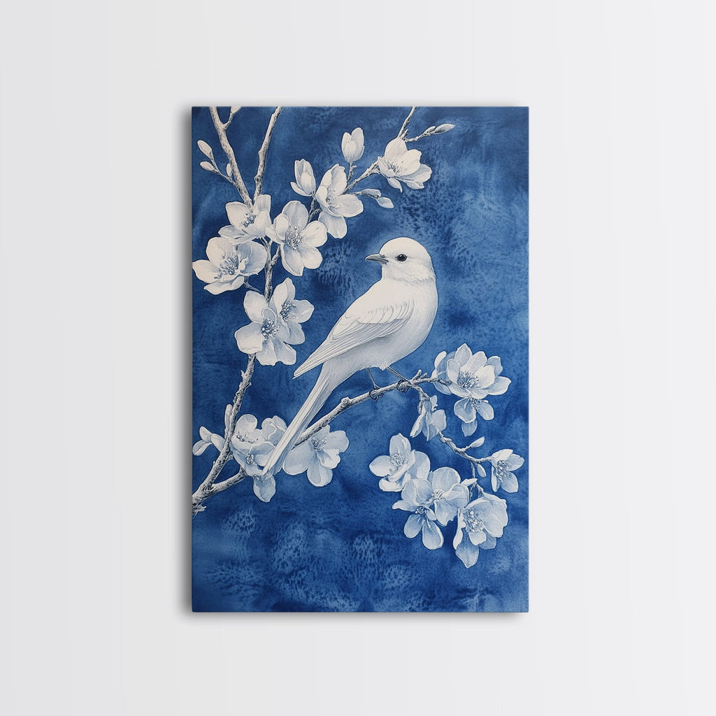 Blue Botanial Wall Art Chinoiserie Wall Art, White Bird, Blue Chinoiserie Home Decor, Botanical Print, Bird Painting, Fr