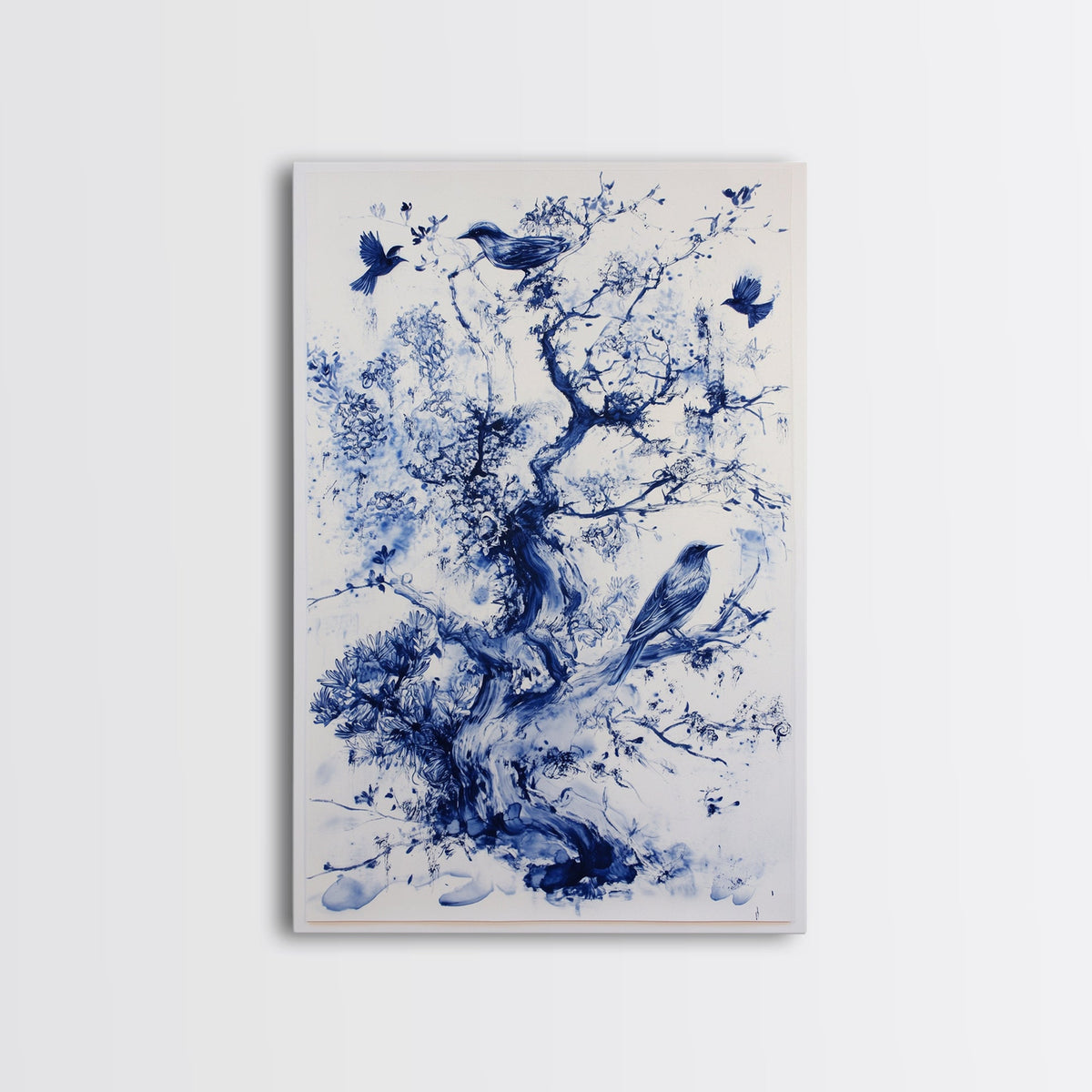 Chinoiserie Wall Art Framed Canvas Print, Blue Tree and Birds, Botanical Print, Birdwatcher Gift Idea, Chinoiserie Style