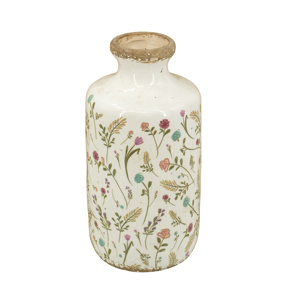 D5.3x10.6" Ceramic Cylinder Vase with Multi – Colored Floral Motifs