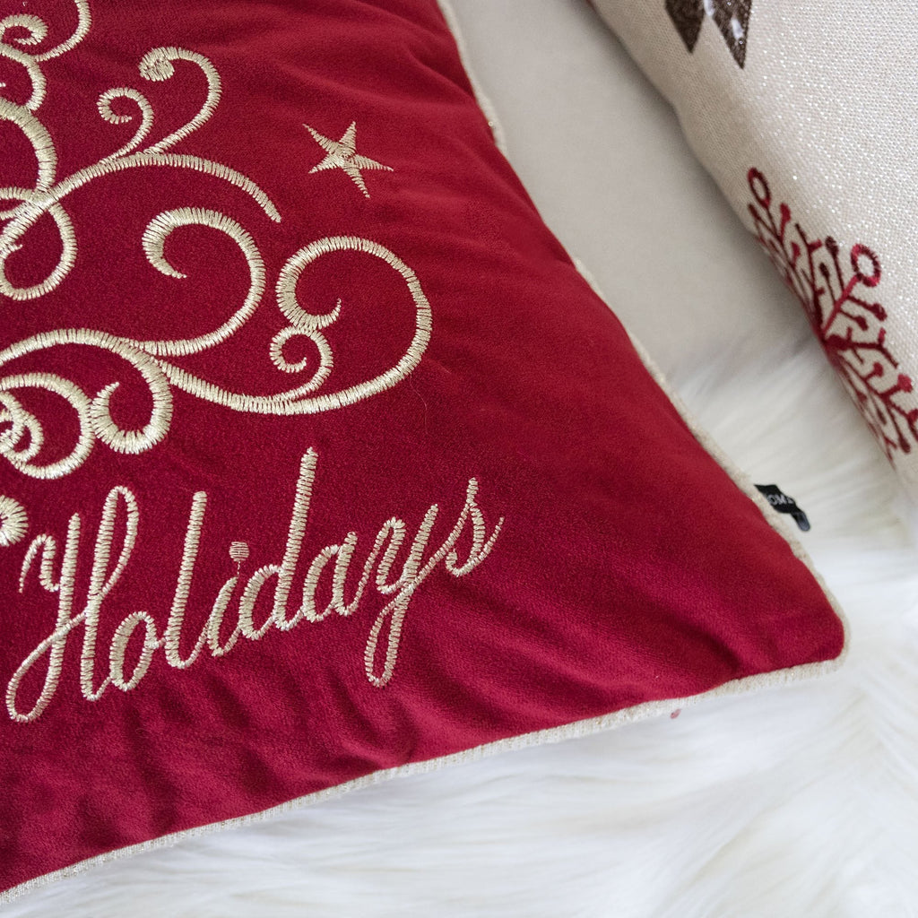 Happy Holidays Embroidered Velvet Throw Pillow
