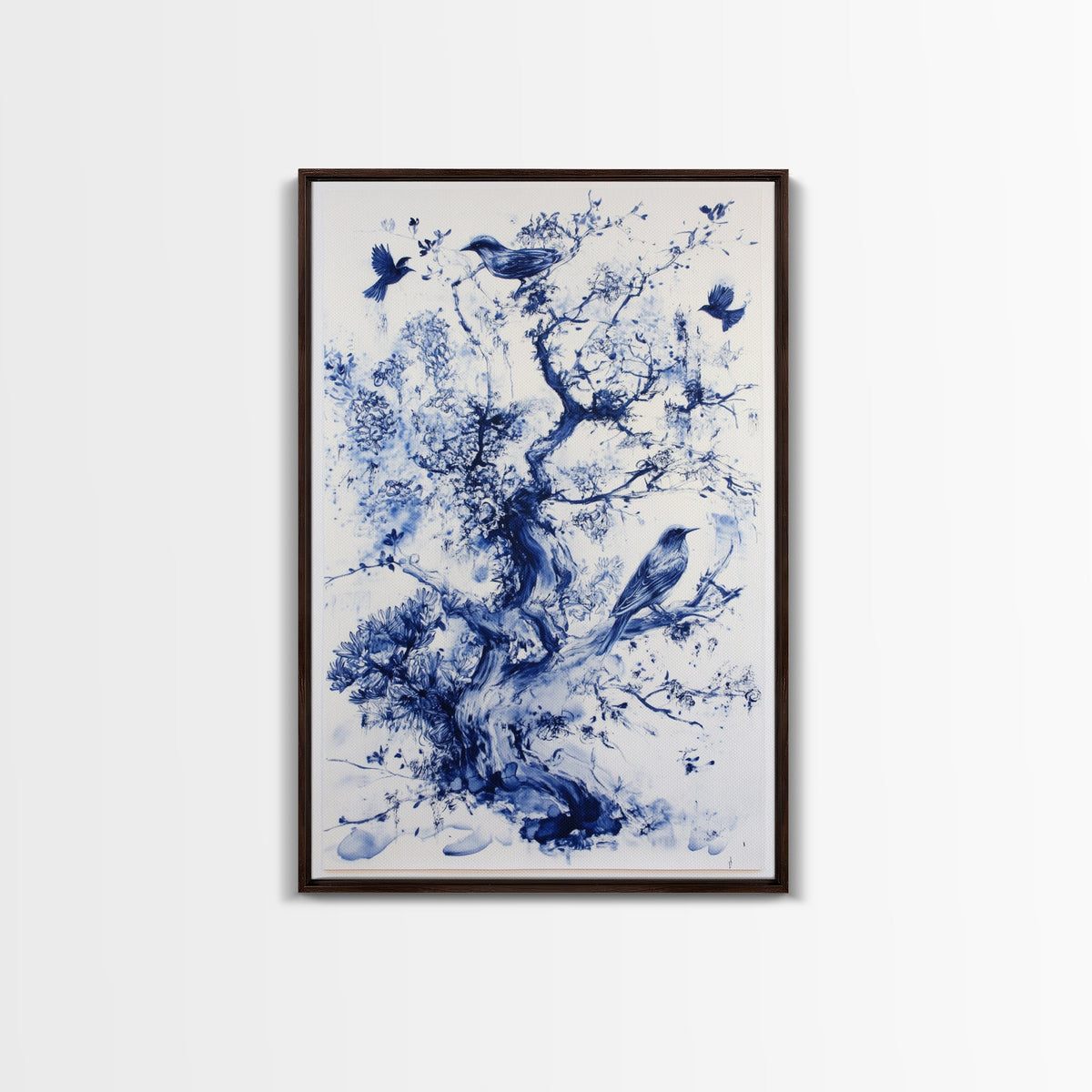 Chinoiserie Wall Art Framed Canvas Print, Blue Tree and Birds, Botanical Print, Birdwatcher Gift Idea, Chinoiserie Style