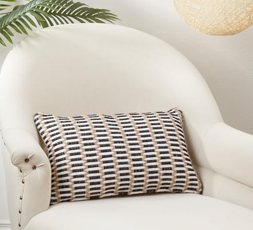 Fennco Styles Woven Stitch Cotton Jute Decorative Throw Pillow Cover 12" W x 20" L – Black and Natural Textured Cushion