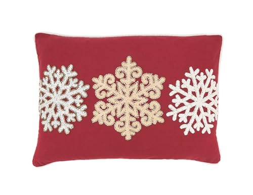 Fennco Styles Embroidered Snowflakes Cotton Throw Pillow Cover 14" W x 20" L – Red Holiday Cushion Case for Christmas, C