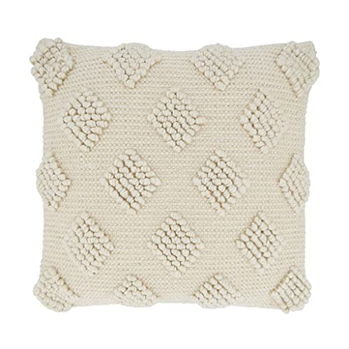 Fennco Styles Pom Pom Diamond Decorative Throw Pillow Cover 18" W x 18" L – Ivory Square Cushion Case for Home, Couch, B