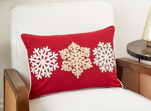 Fennco Styles Embroidered Snowflakes Cotton Throw Pillow Cover 14" W x 20" L – Red Holiday Cushion Case for Christmas, C