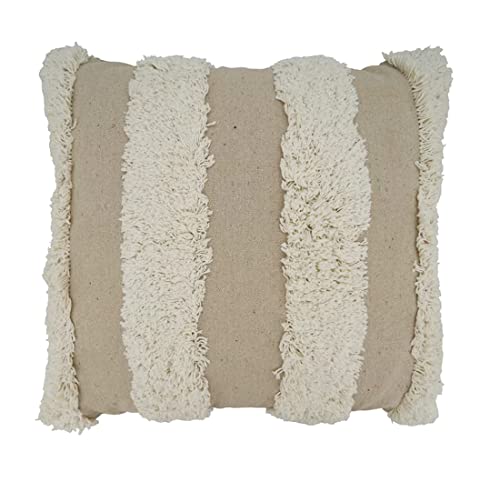 Fennco Styles Tufted Stripe Cotton Decorative Throw Pillow 20" W x 20" L – Ivory Square Cushion for Home, Couch, Living