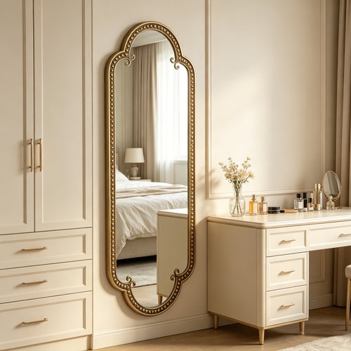 Scalloped Oval Wall Mirror, Vintage Gold Oblong Mirrors with Beaded