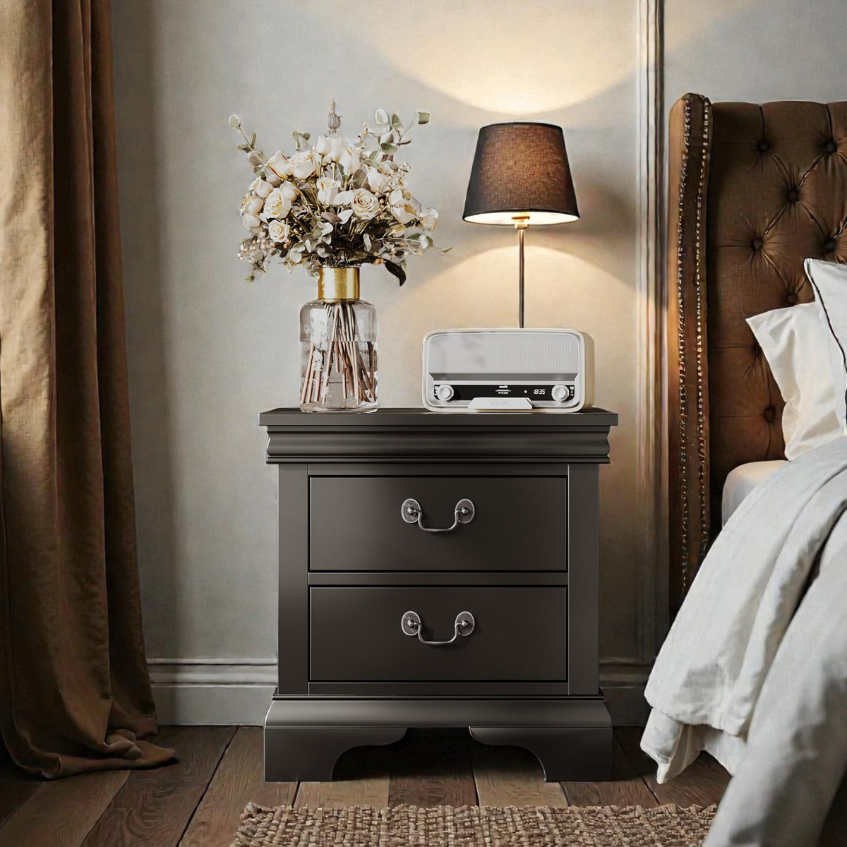 Classic Wooden Nightstand – Black