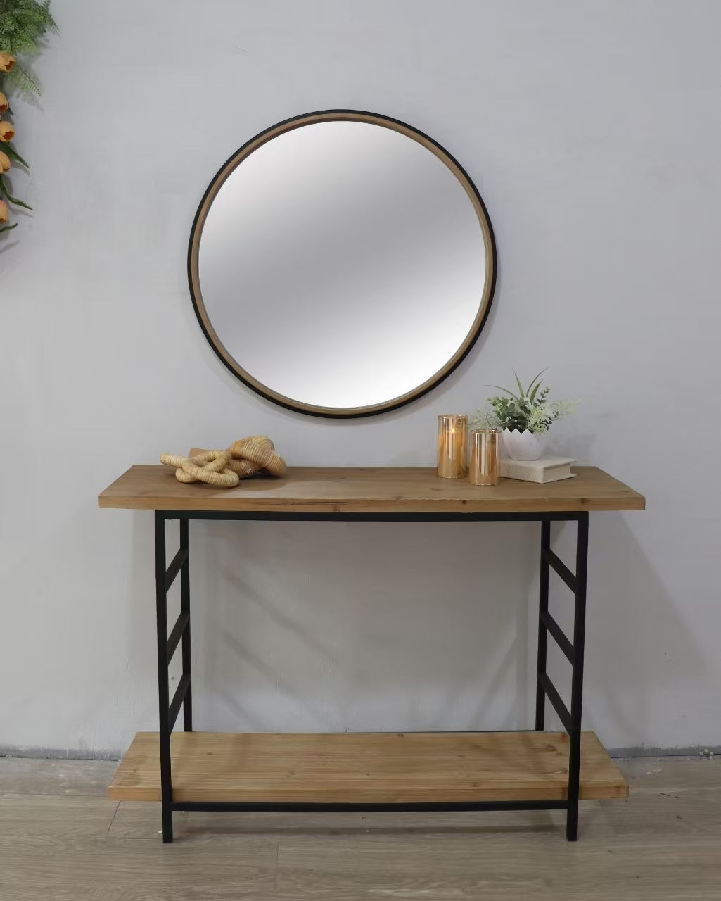 Two – Tone Black & Natural Wood Round Wall Mirror, 31.3 in