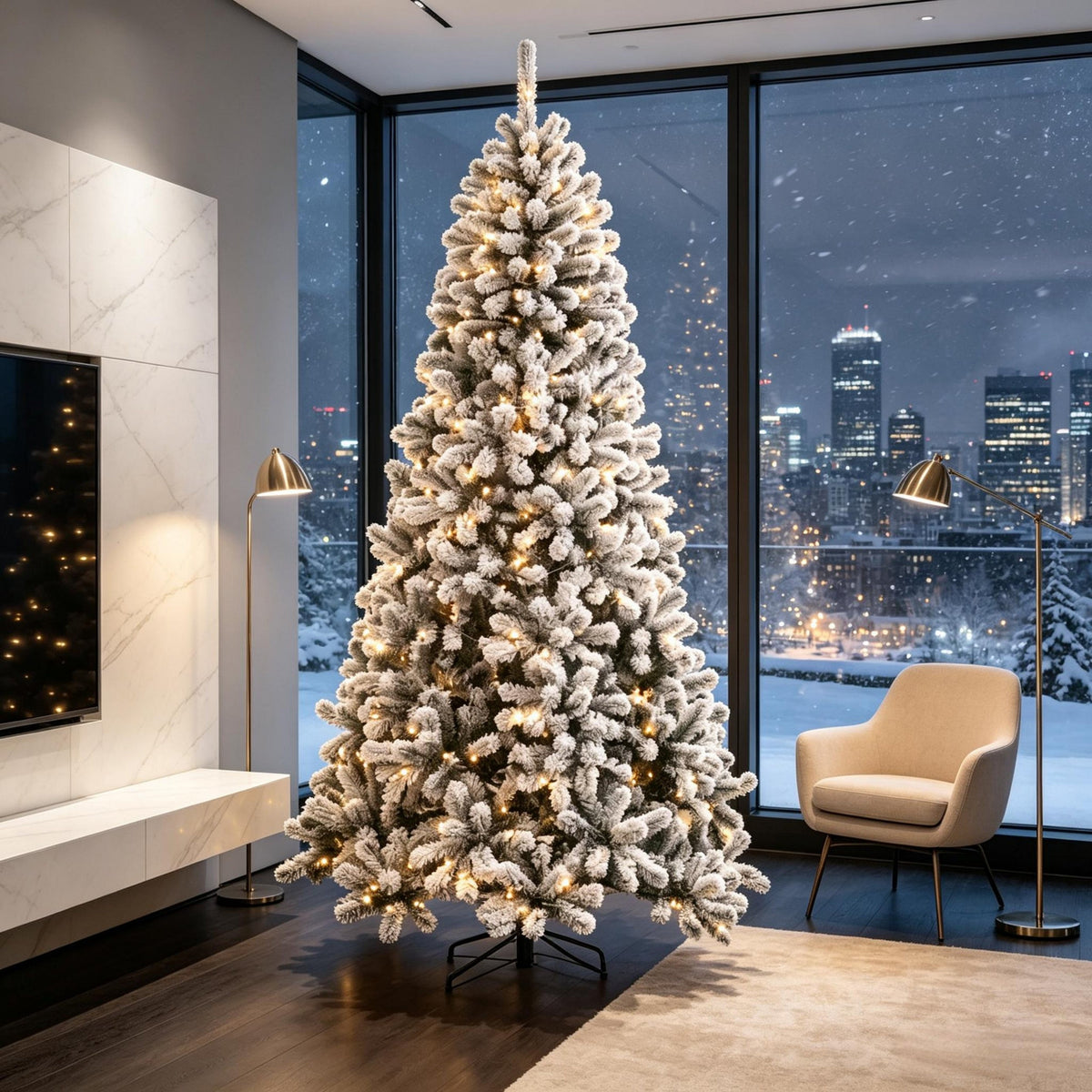 6 ft Pre – Lit Snow – Flocked Northern Pine Artificial Christmas Tree