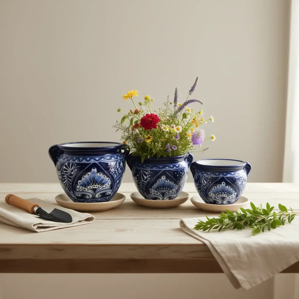 Blue & White Talavera Planter Trio | Hand – Painted Pot Set