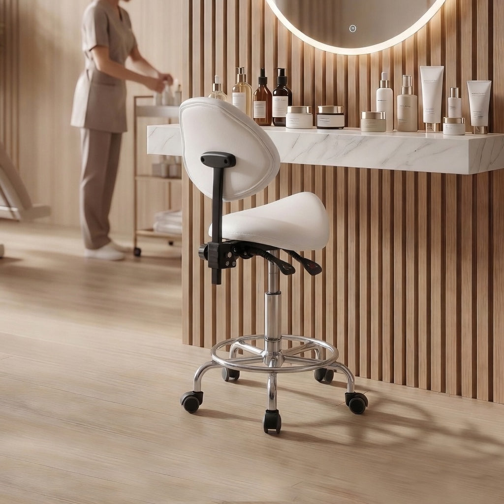 Saddle Stool Chair with Backrest – White