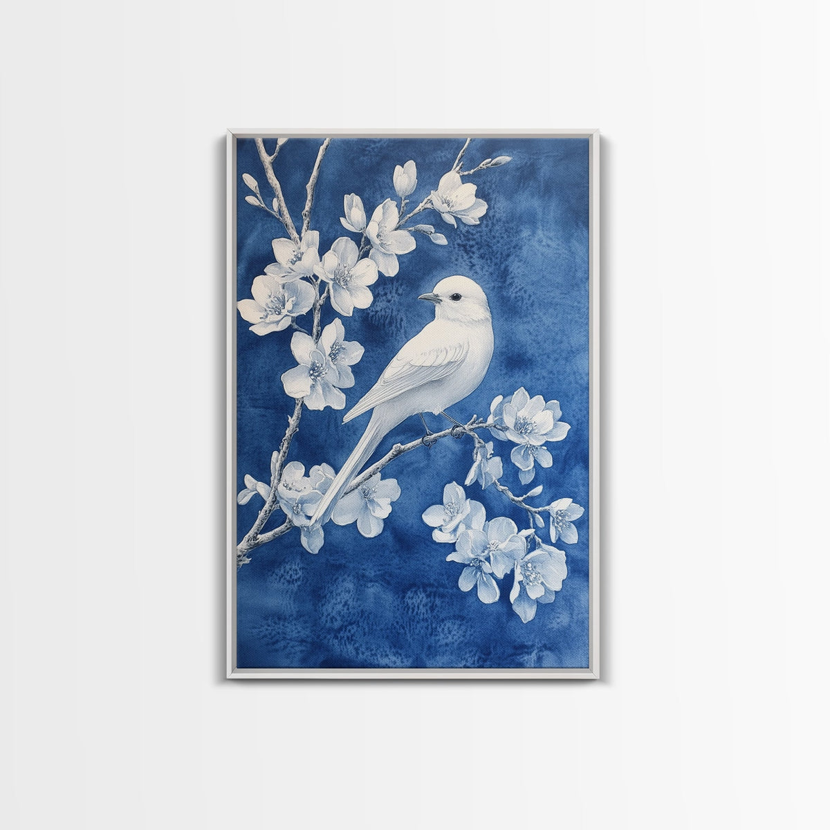 Blue Botanial Wall Art Chinoiserie Wall Art, White Bird, Blue Chinoiserie Home Decor, Botanical Print, Bird Painting, Fr