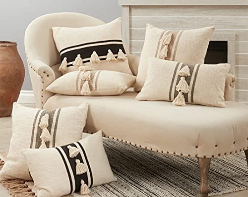 Fennco Styles Woven Striped Tassel Decorative Cotton Throw Pillow – Textured Cushion for Home, Couch, Bedroom, Living Ro