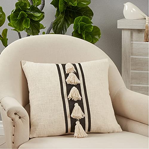 Fennco Styles Woven Striped Tassel Decorative Cotton Throw Pillow – Textured Cushion for Home, Couch, Bedroom, Living Ro