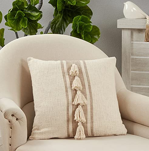 Fennco Styles Woven Striped Tassel Decorative Cotton Throw Pillow – Textured Cushion for Home, Couch, Bedroom, Living Ro