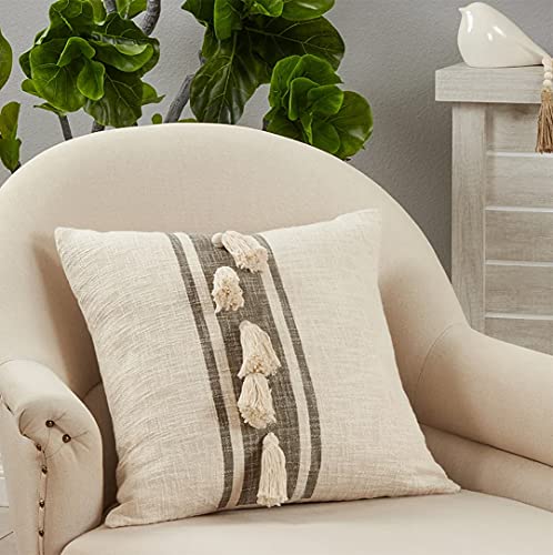 Fennco Styles Woven Striped Tassel Decorative Cotton Throw Pillow – Textured Cushion for Home, Couch, Bedroom, Living Ro