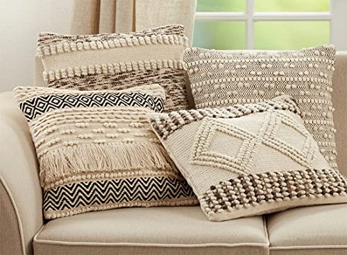 Fennco Styles Woven Textured with Diamond Design Decorative Throw Pillow Cover 18" W x 18" L – Ivory Square Cushion Case
