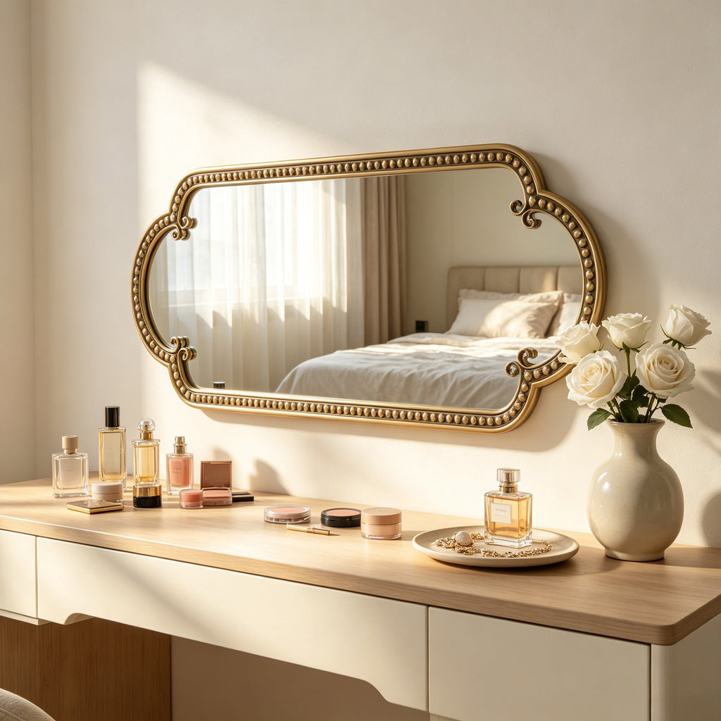 Scalloped Oval Wall Mirror, Vintage Gold Oblong Mirrors with Beaded