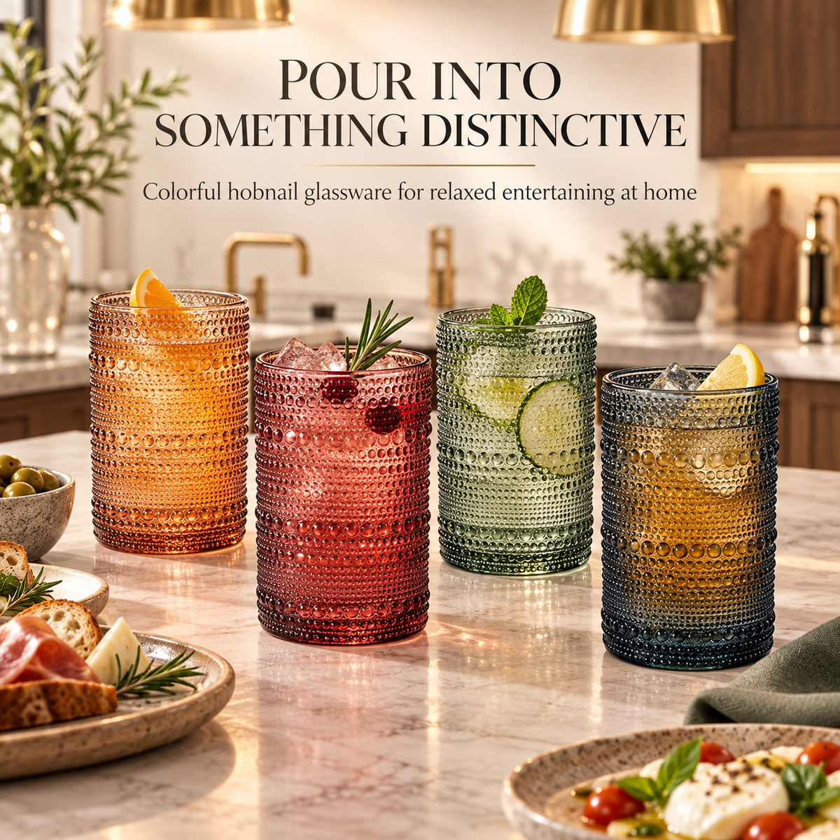 Tonal Hobnail Highball Glassware, Set of 4