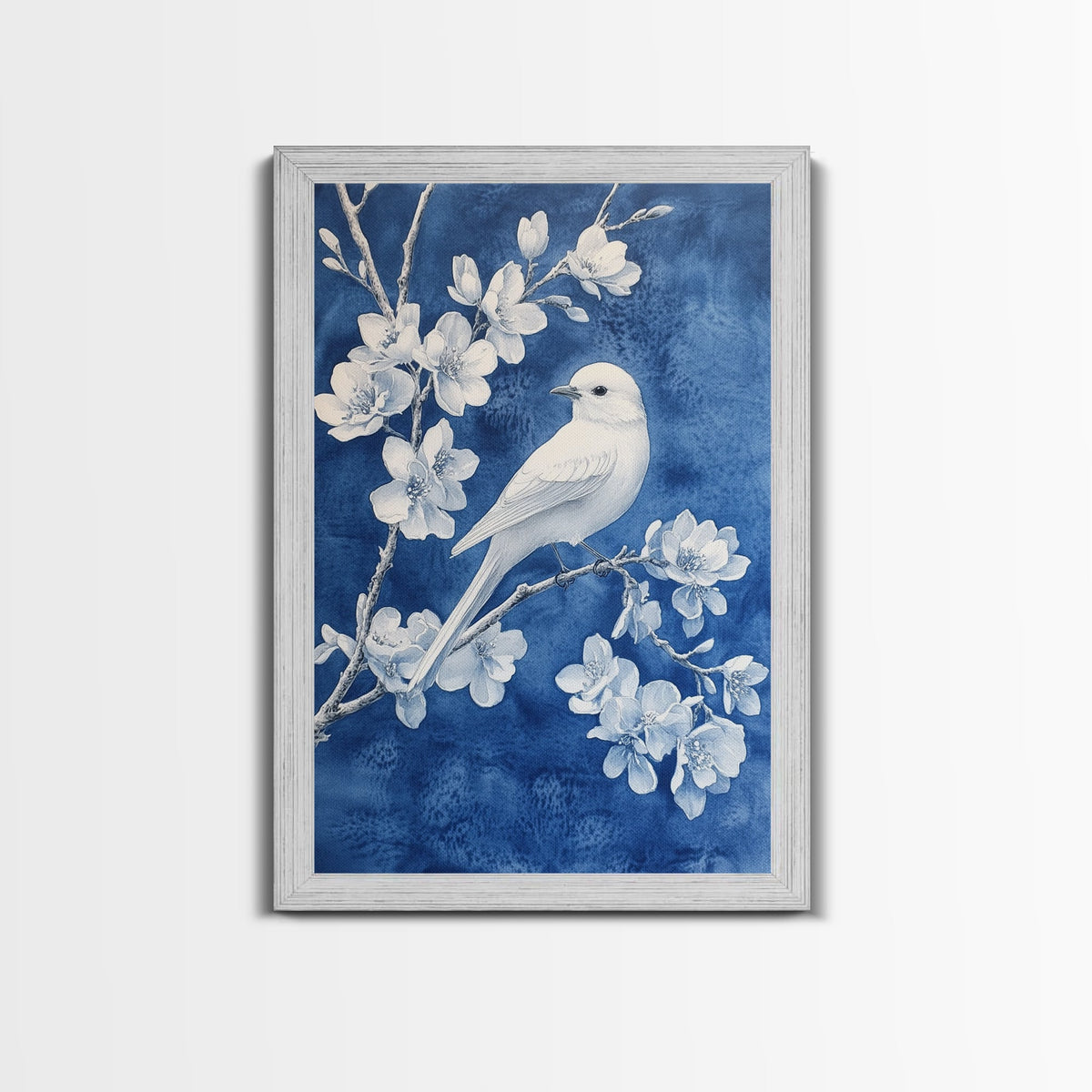 Blue Botanial Wall Art Chinoiserie Wall Art, White Bird, Blue Chinoiserie Home Decor, Botanical Print, Bird Painting, Fr