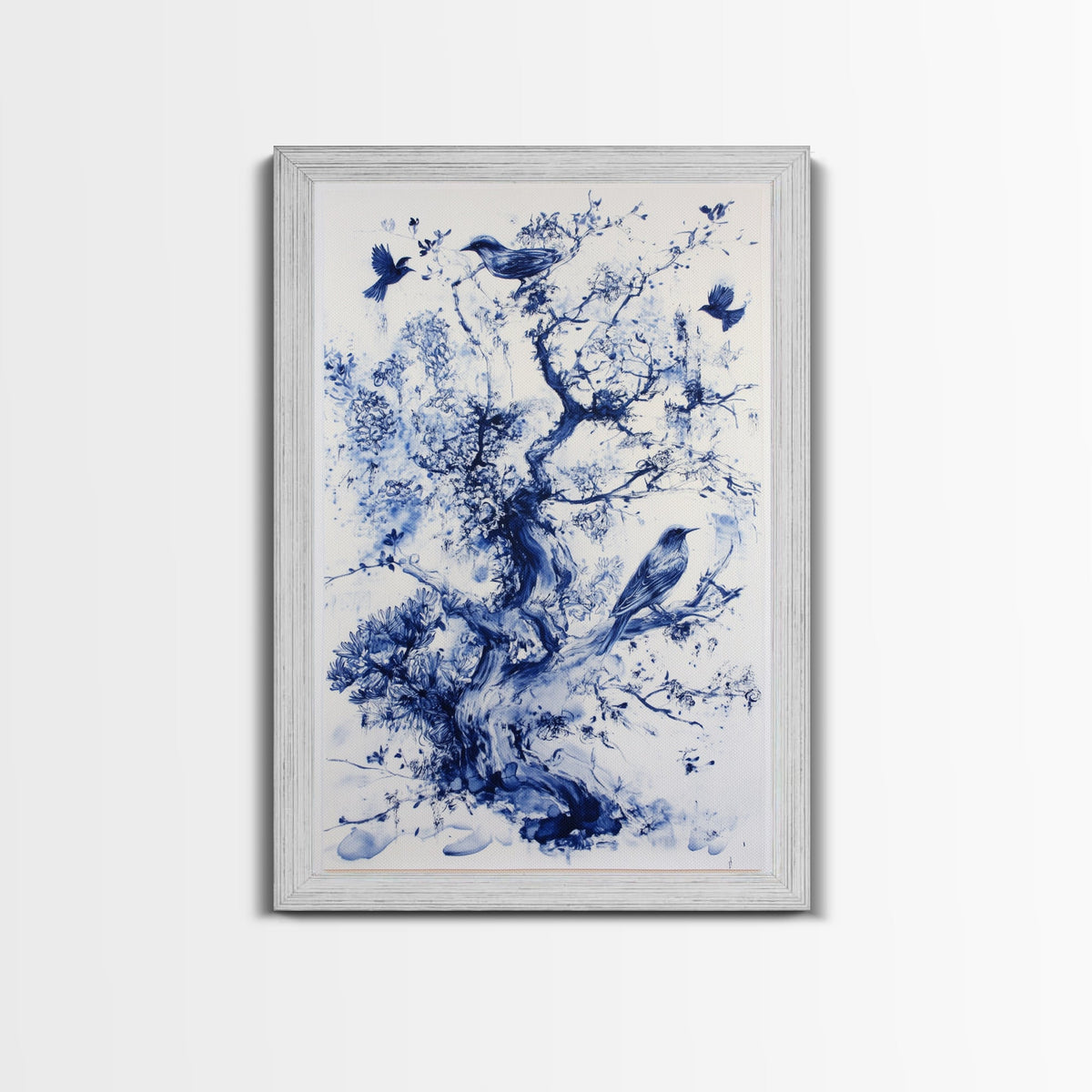 Chinoiserie Wall Art Framed Canvas Print, Blue Tree and Birds, Botanical Print, Birdwatcher Gift Idea, Chinoiserie Style