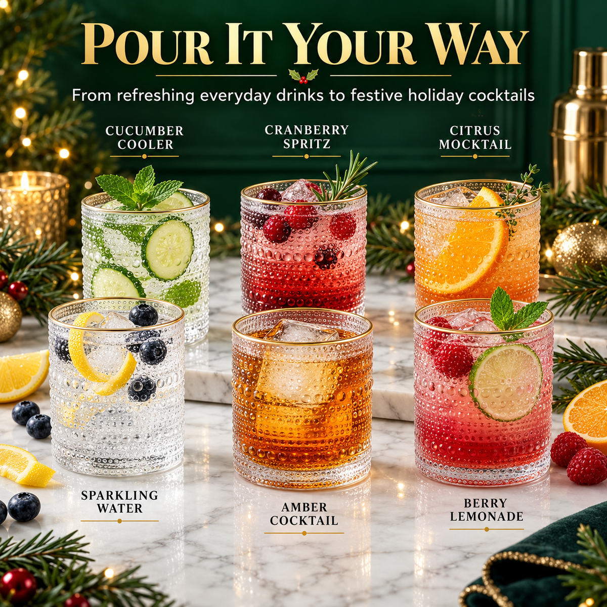Clear Gold Rim Hobnail Glass Set, 6 Piece 10oz Transparent