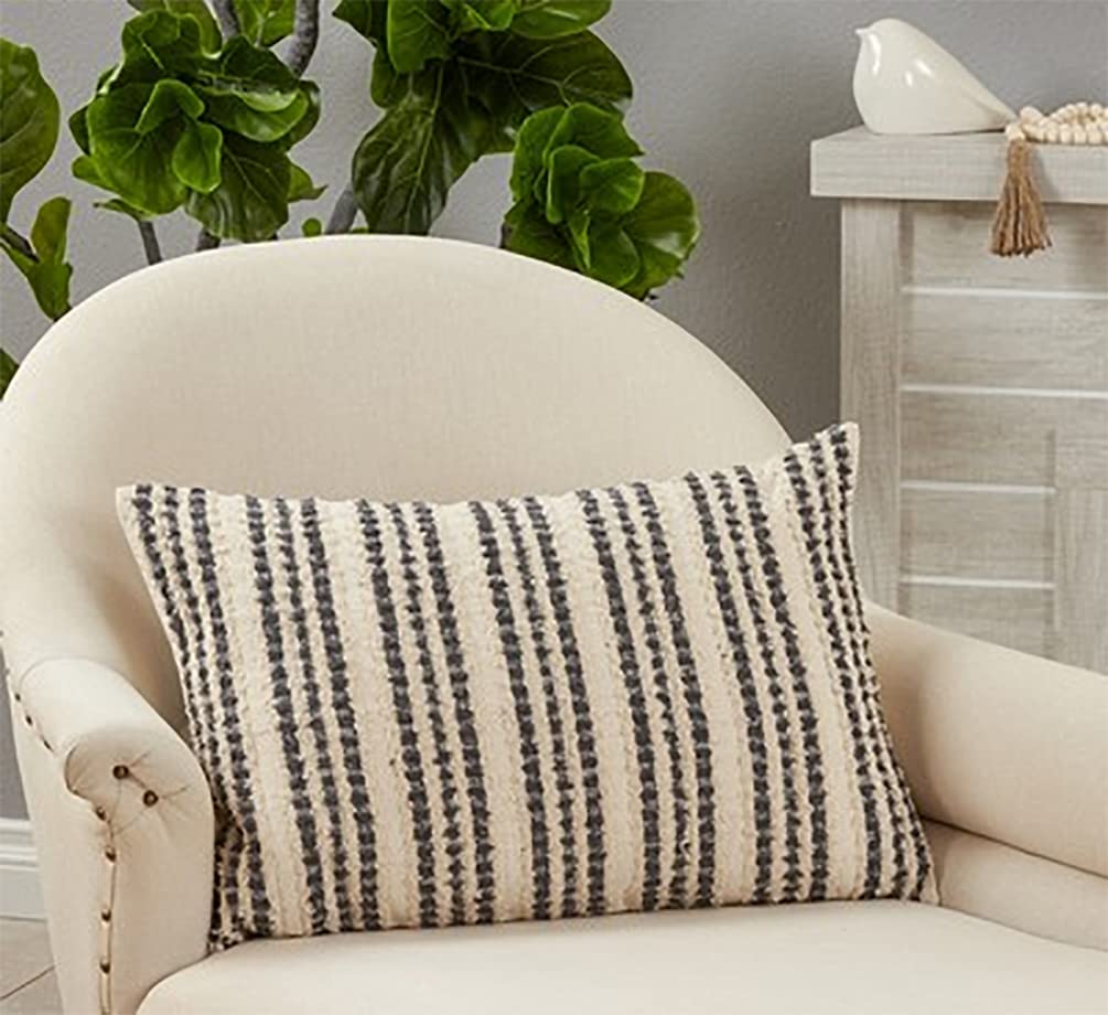 Fennco Styles Woven Striped Cotton Decorative Throw Pillow 16" W x 24" L – Black & White Textured Cushion for Home, Couc